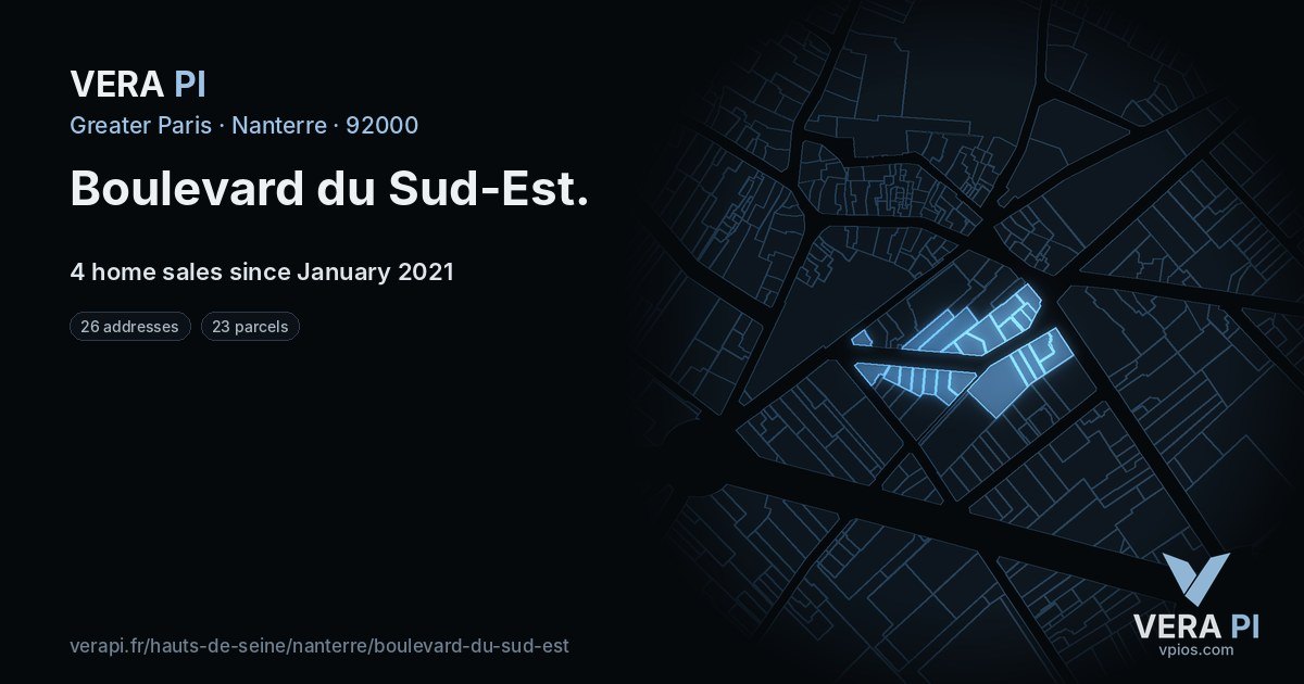 Boulevard du Sud-Est, Nanterre at night – every parcel coloured by the prices around it, the street's own parcels lit