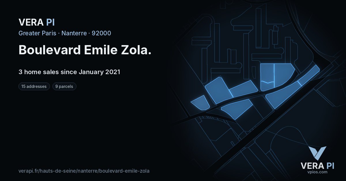 Boulevard Emile Zola, Nanterre at night – every parcel coloured by the prices around it, the street's own parcels lit