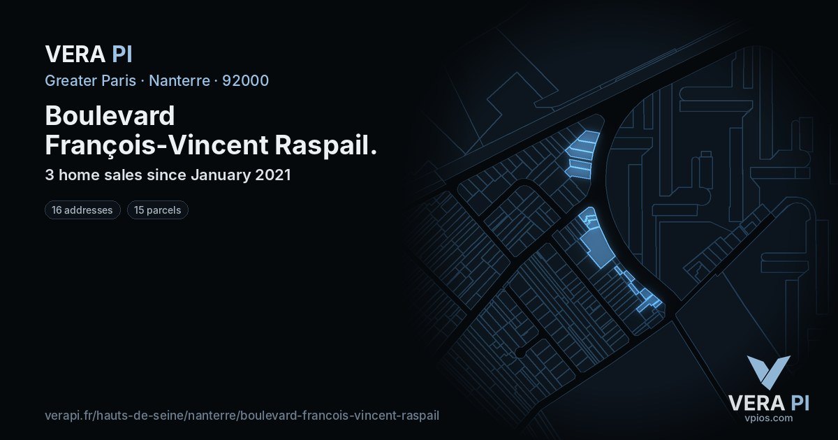 Boulevard François-Vincent Raspail, Nanterre at night – every parcel coloured by the prices around it, the street's own parcels lit