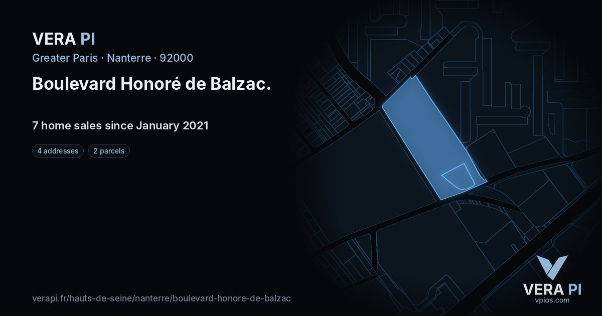 Boulevard Honoré de Balzac, Nanterre at night – every parcel coloured by the prices around it, the street's own parcels lit