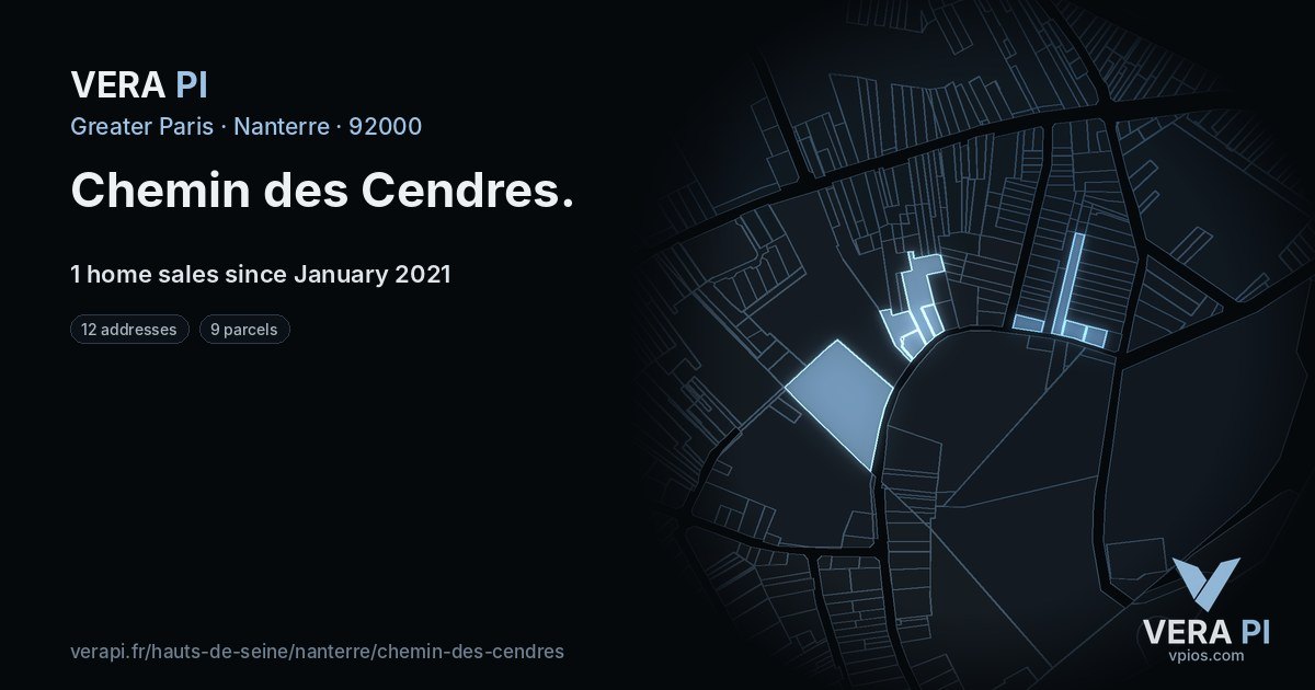 Chemin des Cendres, Nanterre at night – every parcel coloured by the prices around it, the street's own parcels lit