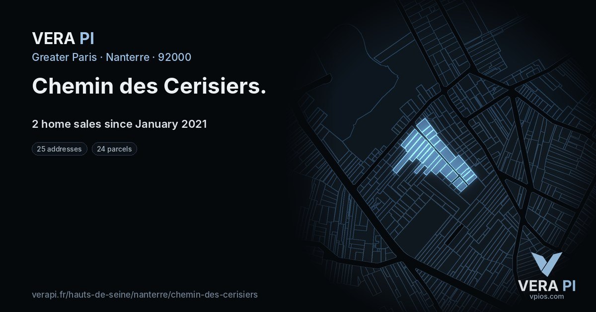 Chemin des Cerisiers, Nanterre at night – every parcel coloured by the prices around it, the street's own parcels lit