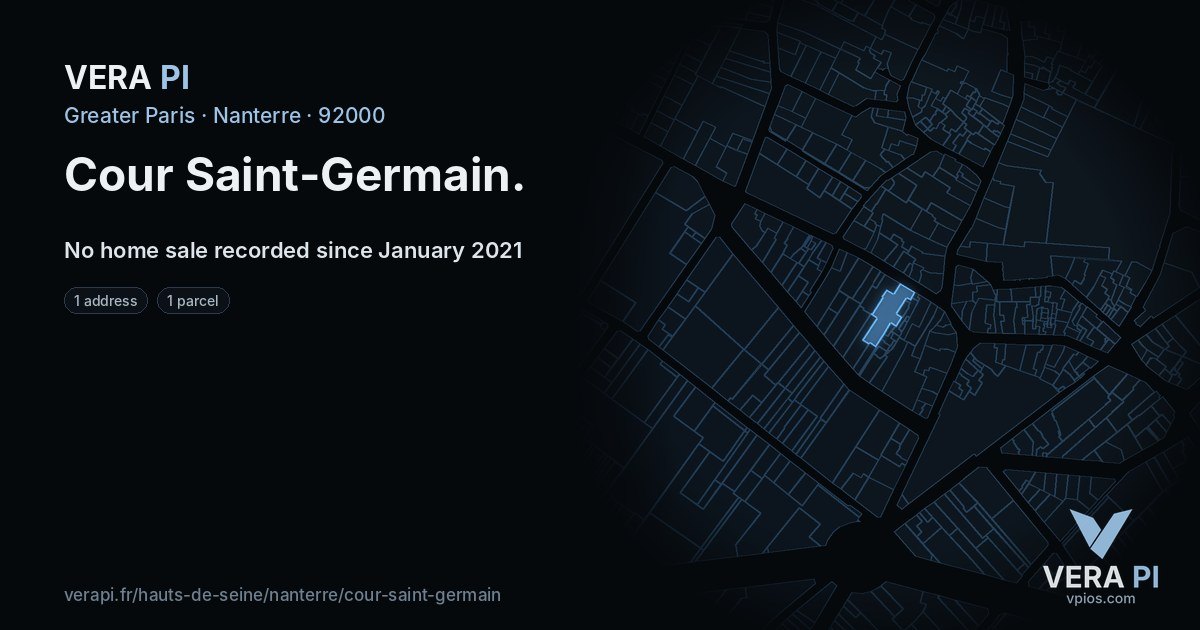 Cour Saint-Germain, Nanterre at night – every parcel coloured by the prices around it, the street's own parcels lit