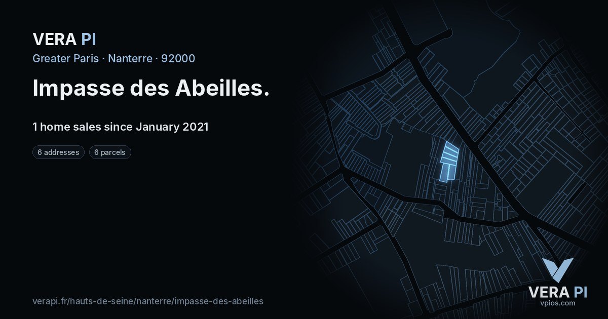 Impasse des Abeilles, Nanterre at night – every parcel coloured by the prices around it, the street's own parcels lit