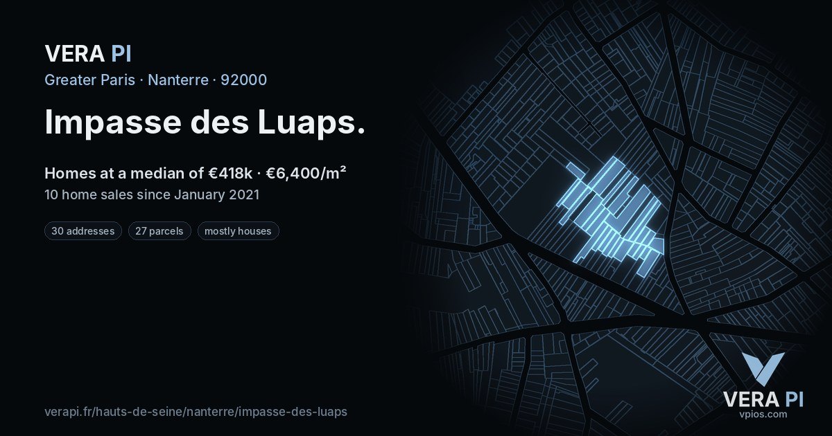 Impasse des Luaps, Nanterre at night – every parcel coloured by the prices around it, the street's own parcels lit