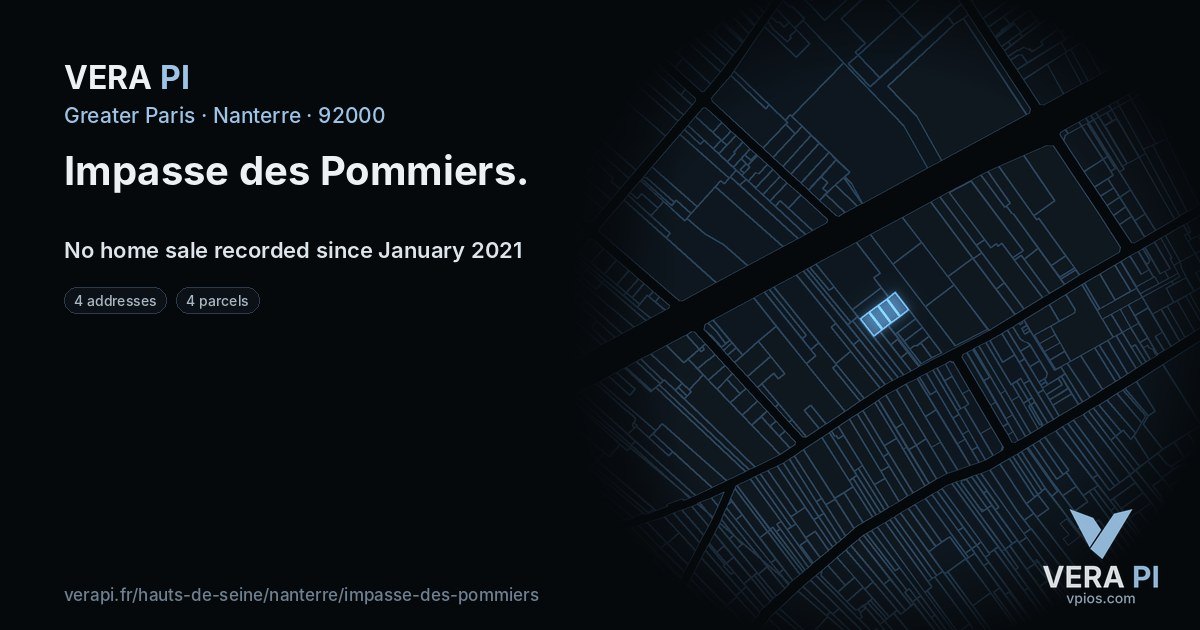 Impasse des Pommiers, Nanterre at night – every parcel coloured by the prices around it, the street's own parcels lit