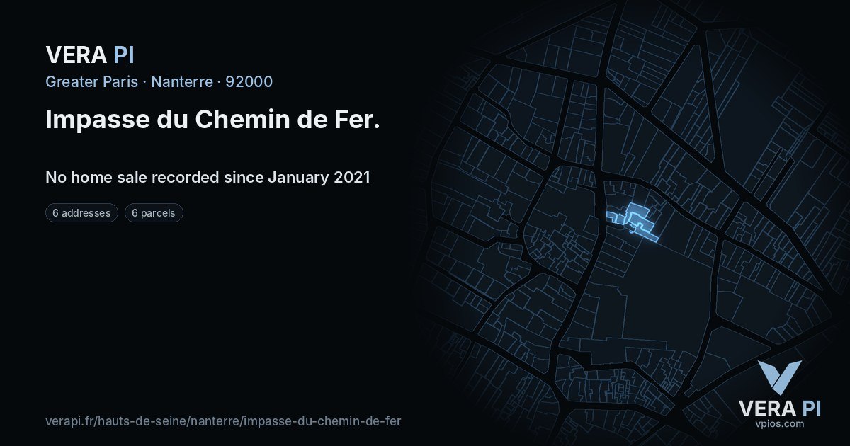 Impasse du Chemin de Fer, Nanterre at night – every parcel coloured by the prices around it, the street's own parcels lit