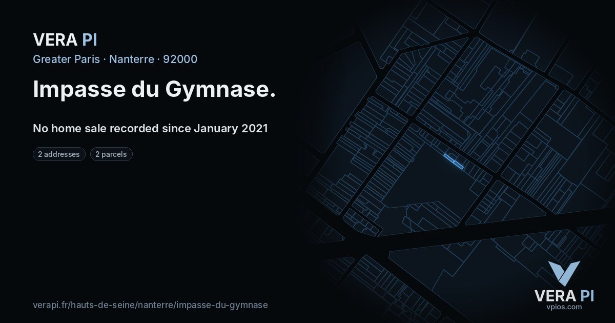 Impasse du Gymnase, Nanterre at night – every parcel coloured by the prices around it, the street's own parcels lit