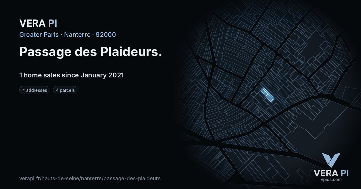 Passage des Plaideurs, Nanterre at night – every parcel coloured by the prices around it, the street's own parcels lit
