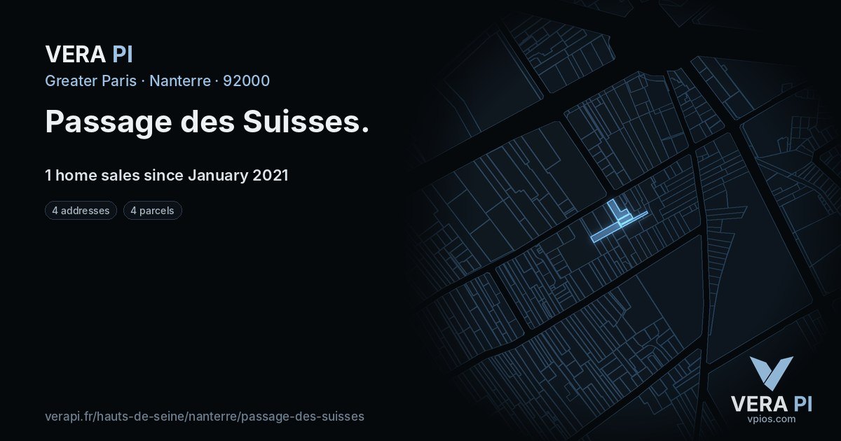 Passage des Suisses, Nanterre at night – every parcel coloured by the prices around it, the street's own parcels lit