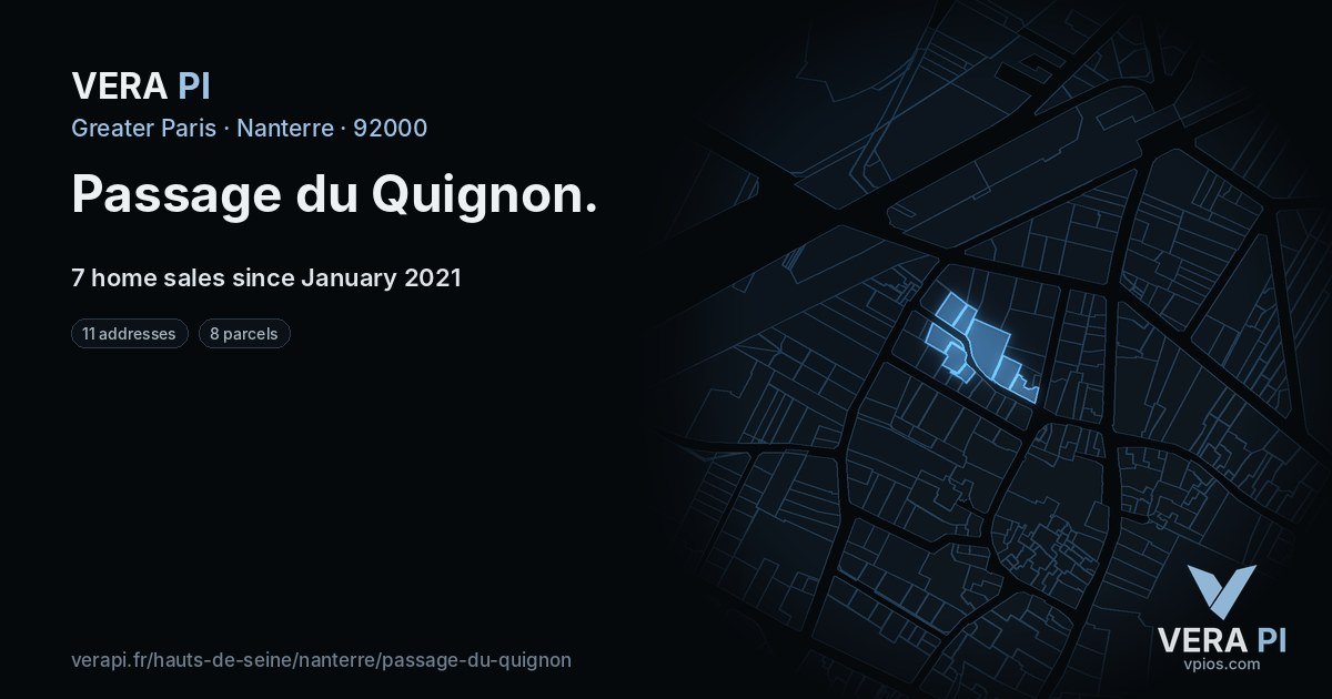 Passage du Quignon, Nanterre at night – every parcel coloured by the prices around it, the street's own parcels lit