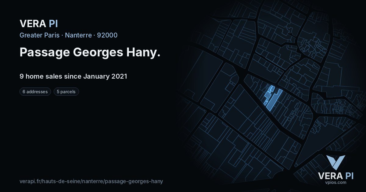 Passage Georges Hany, Nanterre at night – every parcel coloured by the prices around it, the street's own parcels lit