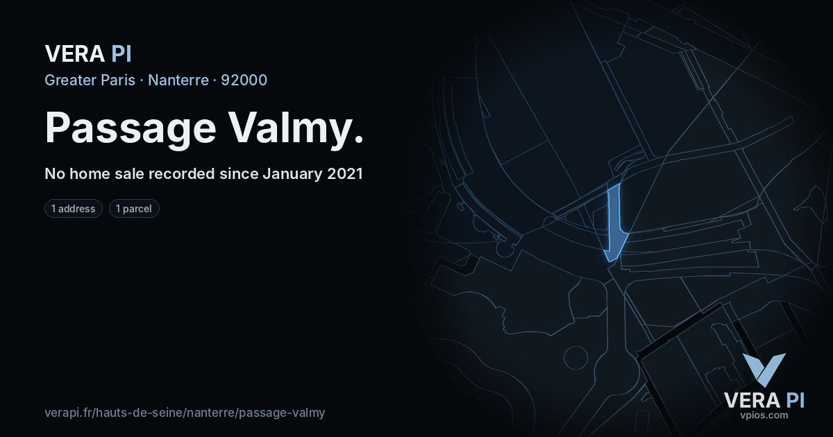Passage Valmy, Nanterre at night – every parcel coloured by the prices around it, the street's own parcels lit