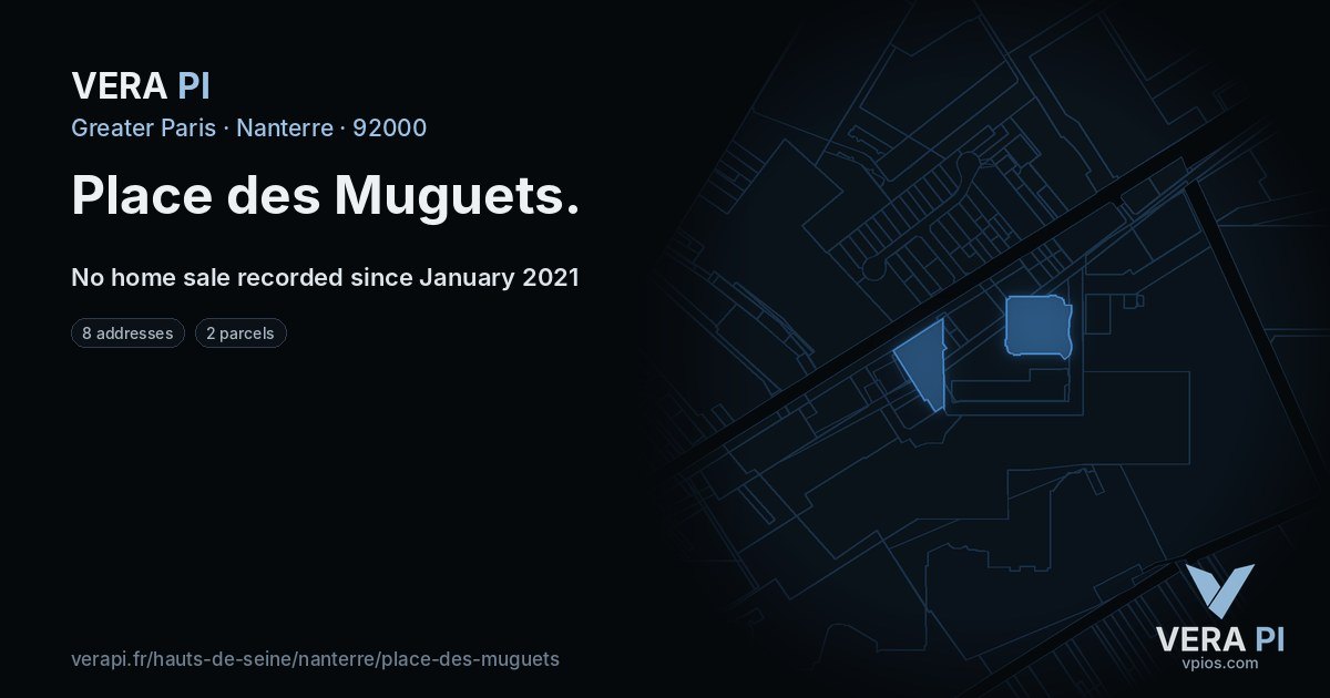 Place des Muguets, Nanterre at night – every parcel coloured by the prices around it, the street's own parcels lit
