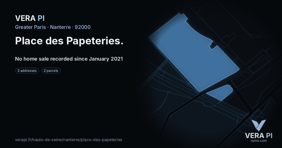 Place des Papeteries, Nanterre at night – every parcel coloured by the prices around it, the street's own parcels lit