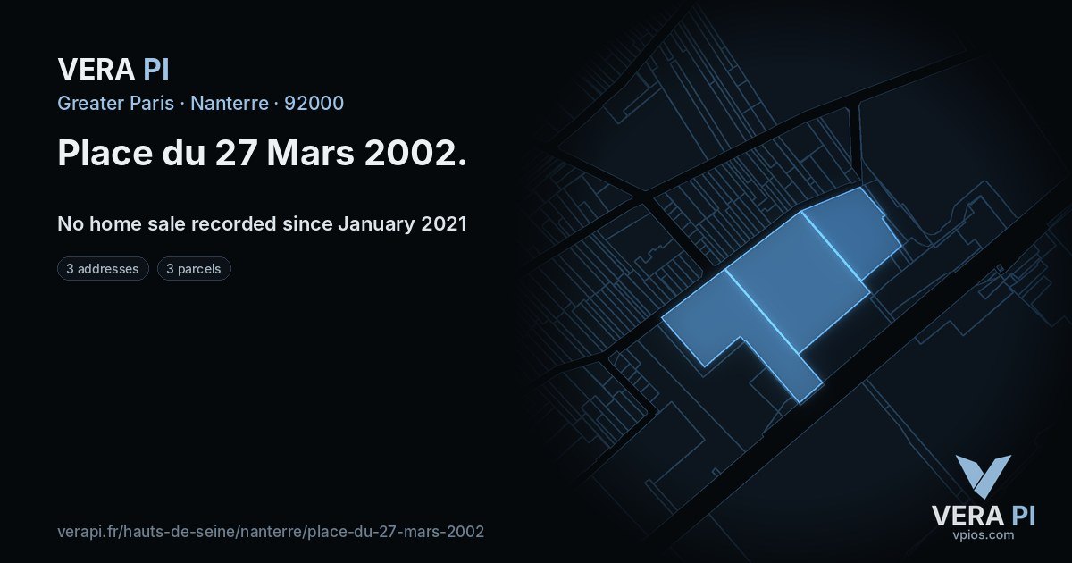 Place du 27 Mars 2002, Nanterre at night – every parcel coloured by the prices around it, the street's own parcels lit