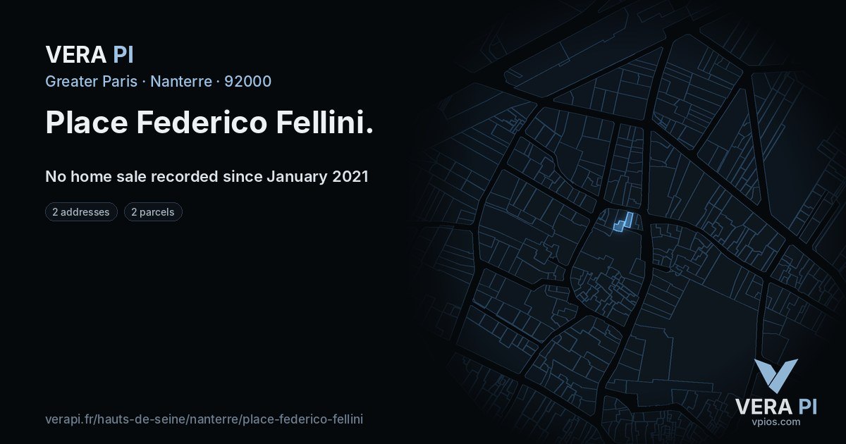 Place Federico Fellini, Nanterre at night – every parcel coloured by the prices around it, the street's own parcels lit