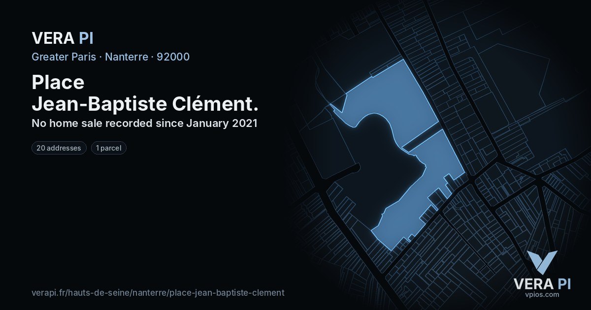 Place Jean-Baptiste Clément, Nanterre at night – every parcel coloured by the prices around it, the street's own parcels lit