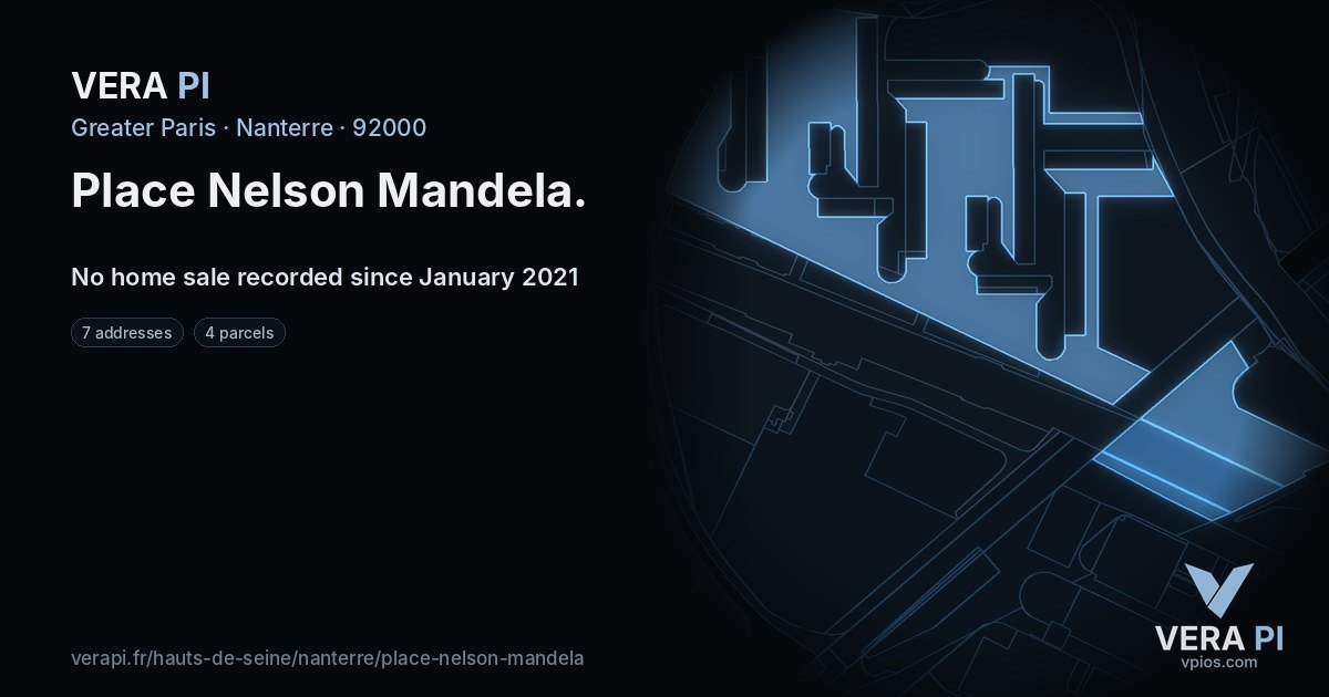 Place Nelson Mandela, Nanterre at night – every parcel coloured by the prices around it, the street's own parcels lit