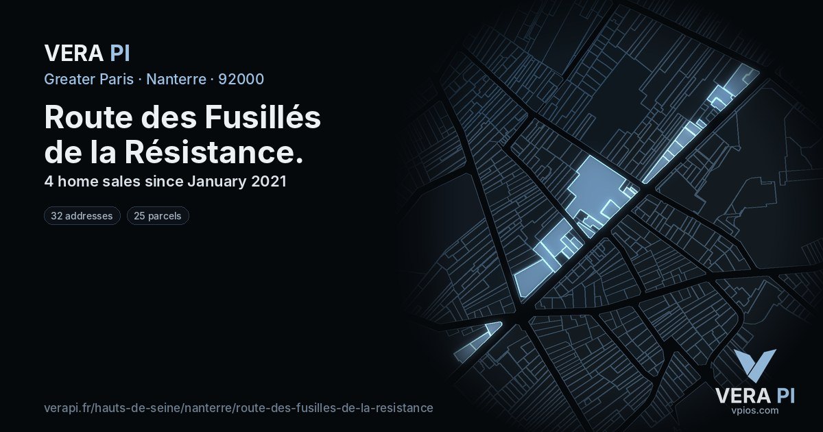 Route des Fusillés de la Résistance, Nanterre at night – every parcel coloured by the prices around it, the street's own parcels lit