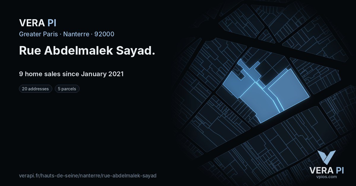 Rue Abdelmalek Sayad, Nanterre at night – every parcel coloured by the prices around it, the street's own parcels lit