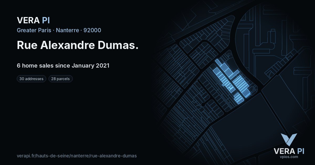 Rue Alexandre Dumas, Nanterre at night – every parcel coloured by the prices around it, the street's own parcels lit