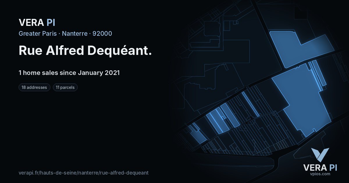 Rue Alfred Dequéant, Nanterre at night – every parcel coloured by the prices around it, the street's own parcels lit
