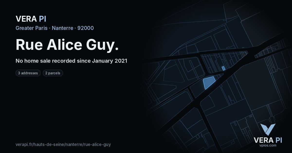Rue Alice Guy, Nanterre at night – every parcel coloured by the prices around it, the street's own parcels lit