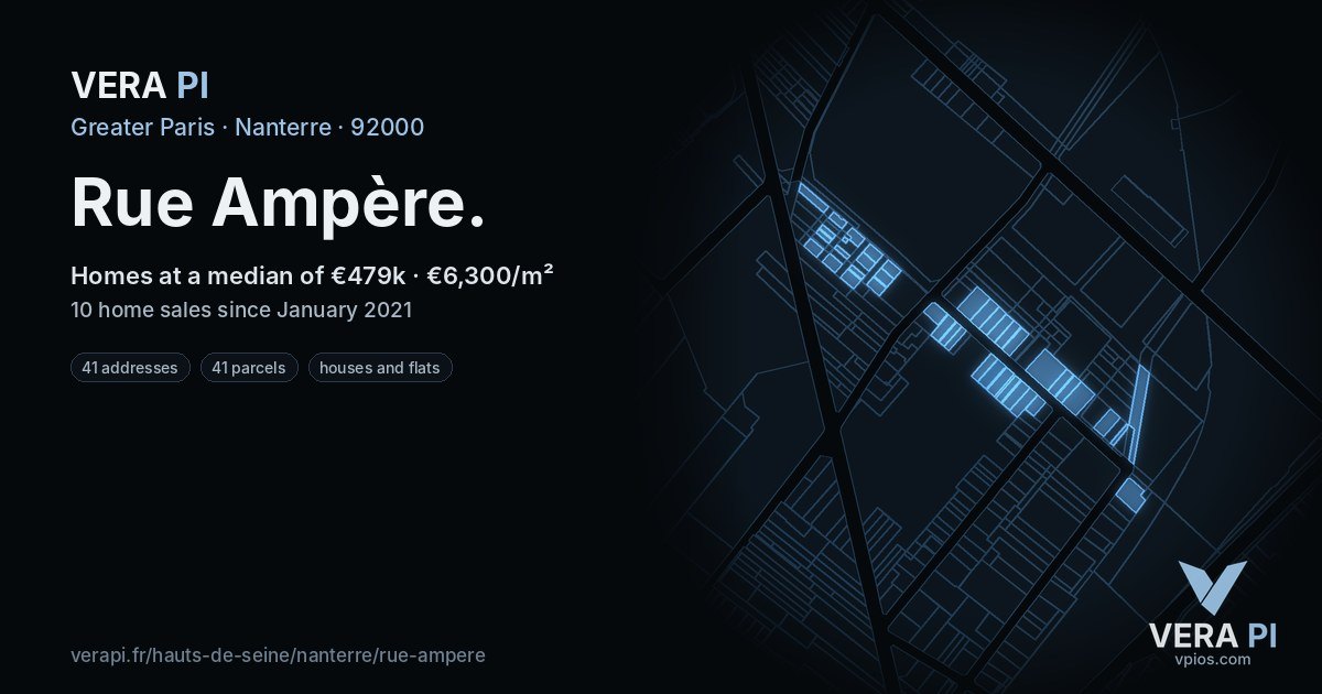 Rue Ampère, Nanterre at night – every parcel coloured by the prices around it, the street's own parcels lit