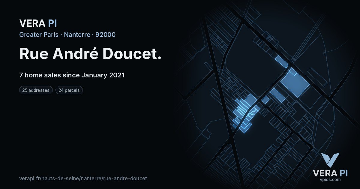 Rue André Doucet, Nanterre at night – every parcel coloured by the prices around it, the street's own parcels lit