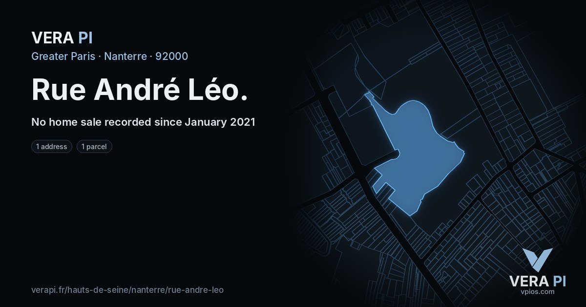 Rue André Léo, Nanterre at night – every parcel coloured by the prices around it, the street's own parcels lit