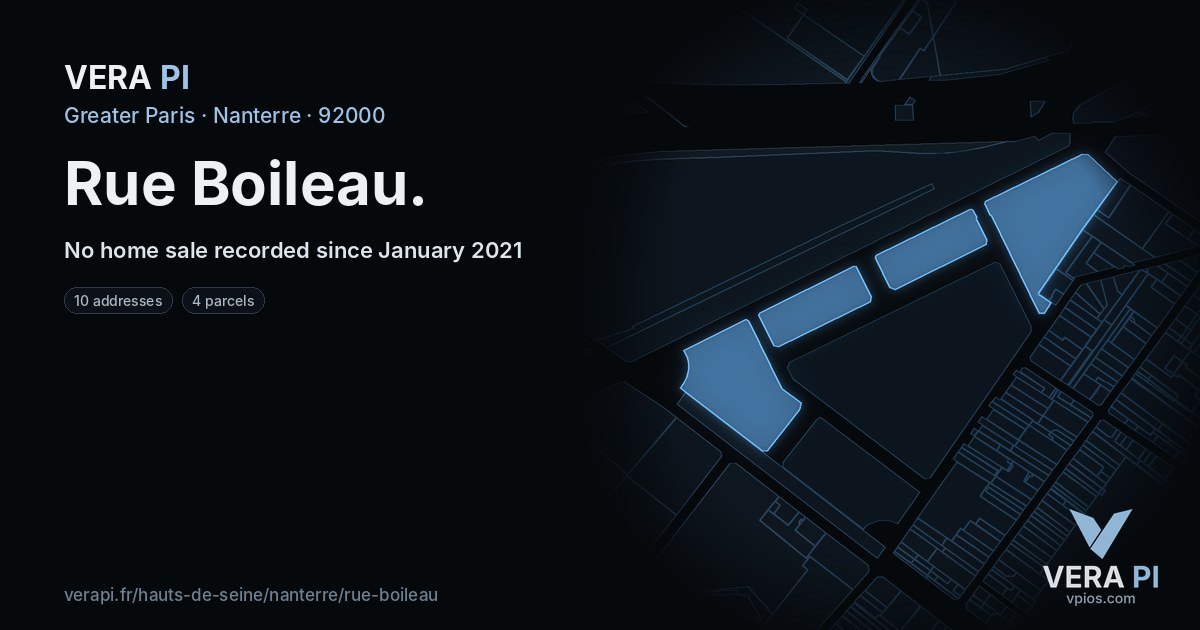 Rue Boileau, Nanterre at night – every parcel coloured by the prices around it, the street's own parcels lit