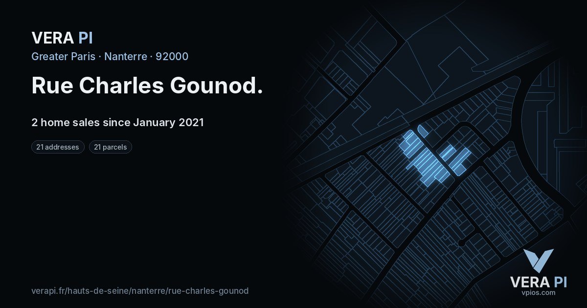 Rue Charles Gounod, Nanterre at night – every parcel coloured by the prices around it, the street's own parcels lit