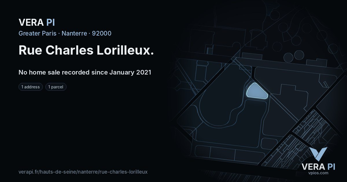 Rue Charles Lorilleux, Nanterre at night – every parcel coloured by the prices around it, the street's own parcels lit