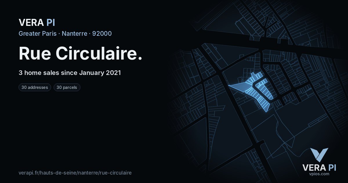 Rue Circulaire, Nanterre at night – every parcel coloured by the prices around it, the street's own parcels lit