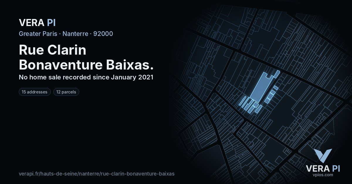 Rue Clarin Bonaventure Baixas, Nanterre at night – every parcel coloured by the prices around it, the street's own parcels lit