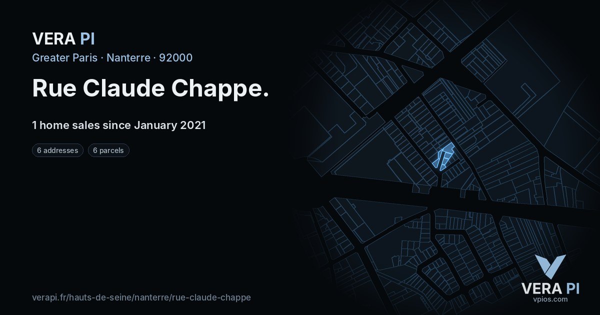 Rue Claude Chappe, Nanterre at night – every parcel coloured by the prices around it, the street's own parcels lit
