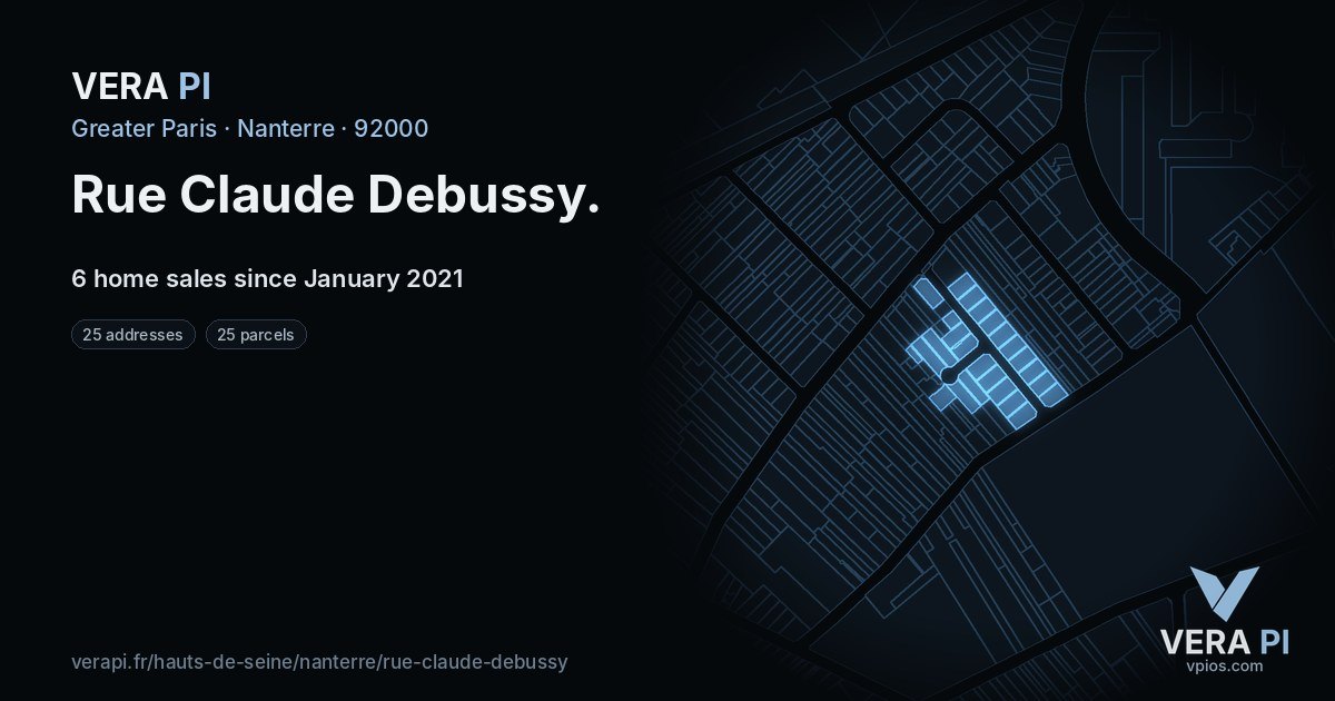 Rue Claude Debussy, Nanterre at night – every parcel coloured by the prices around it, the street's own parcels lit