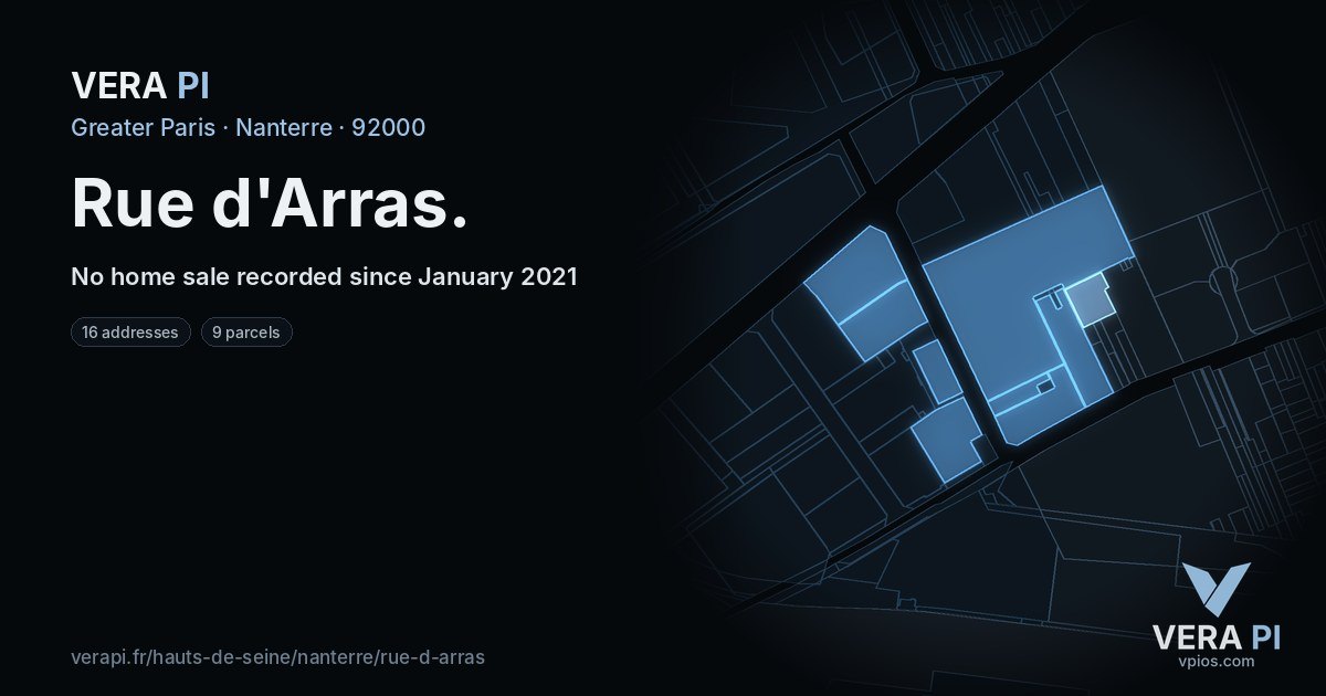 Rue d'Arras, Nanterre at night – every parcel coloured by the prices around it, the street's own parcels lit