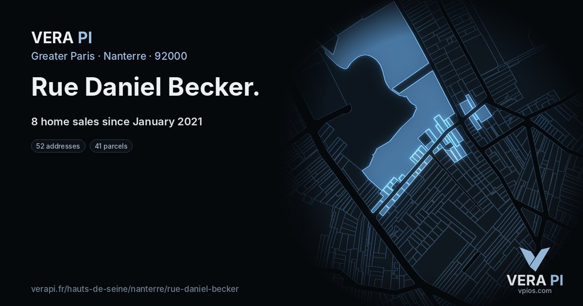 Rue Daniel Becker, Nanterre at night – every parcel coloured by the prices around it, the street's own parcels lit