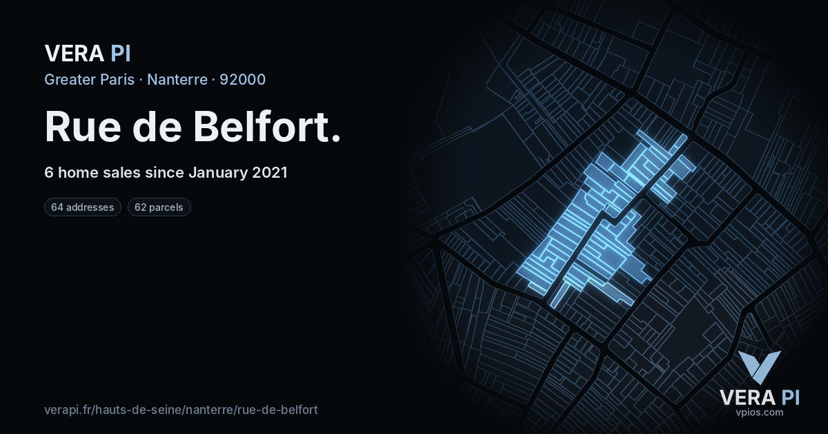 Rue de Belfort, Nanterre at night – every parcel coloured by the prices around it, the street's own parcels lit