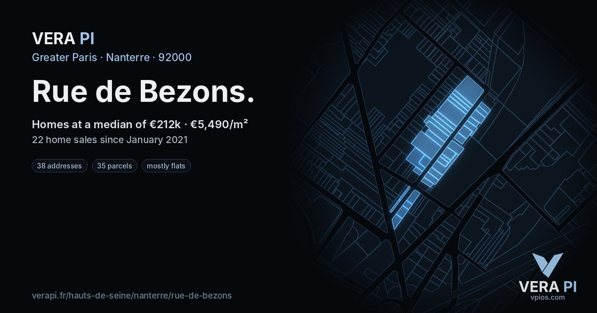 Rue de Bezons, Nanterre at night – every parcel coloured by the prices around it, the street's own parcels lit