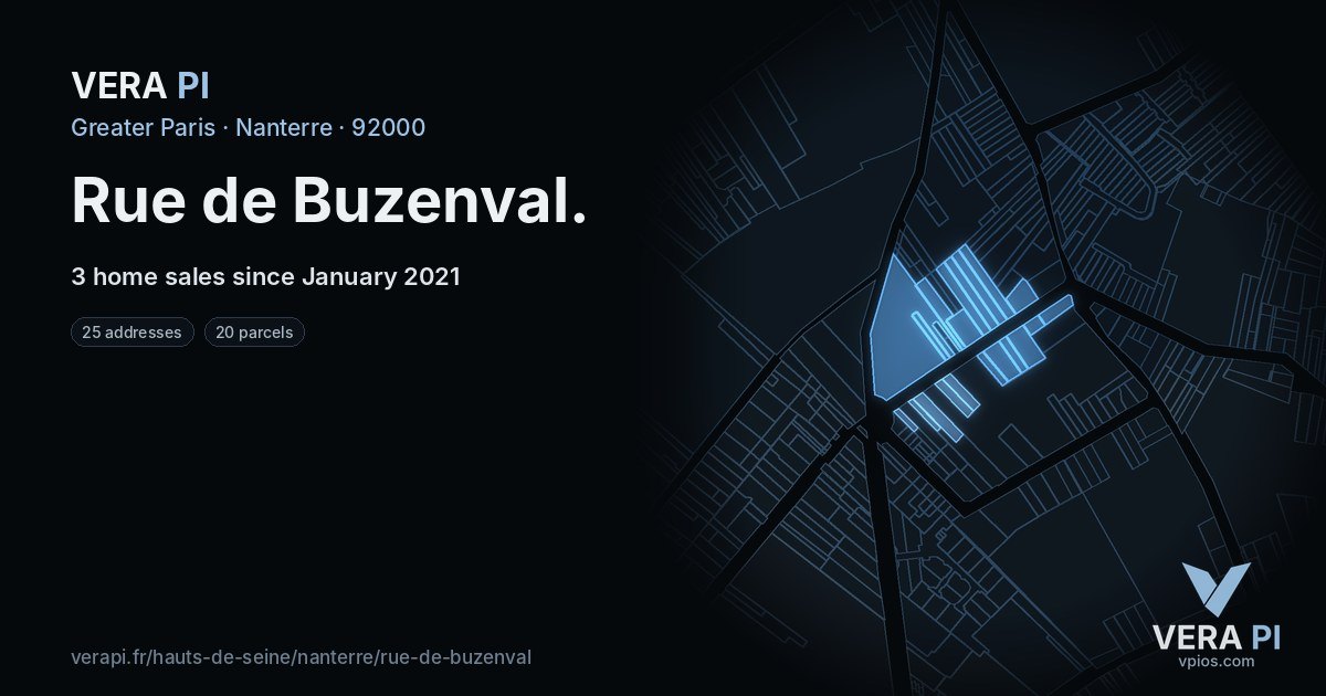 Rue de Buzenval, Nanterre at night – every parcel coloured by the prices around it, the street's own parcels lit