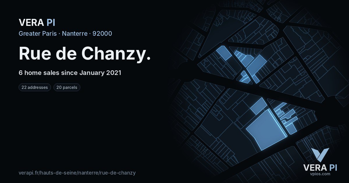 Rue de Chanzy, Nanterre at night – every parcel coloured by the prices around it, the street's own parcels lit
