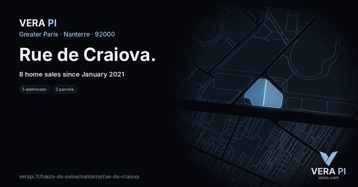 Rue de Craiova, Nanterre at night – every parcel coloured by the prices around it, the street's own parcels lit
