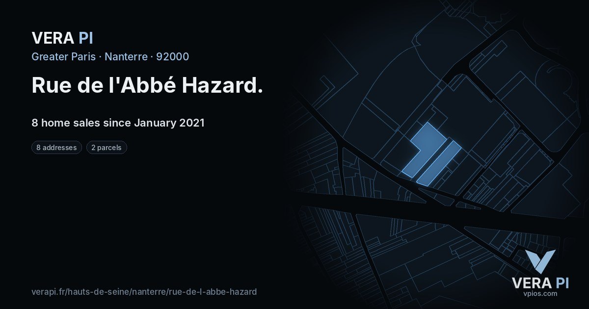 Rue de l'Abbé Hazard, Nanterre at night – every parcel coloured by the prices around it, the street's own parcels lit