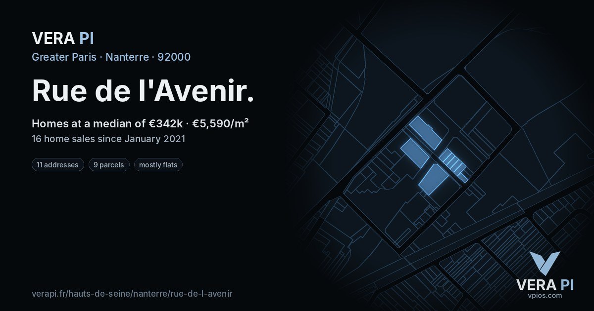 Rue de l'Avenir, Nanterre at night – every parcel coloured by the prices around it, the street's own parcels lit