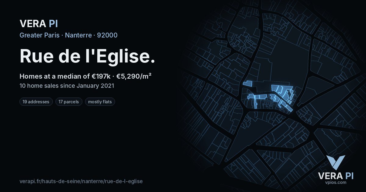 Rue de l'Eglise, Nanterre at night – every parcel coloured by the prices around it, the street's own parcels lit