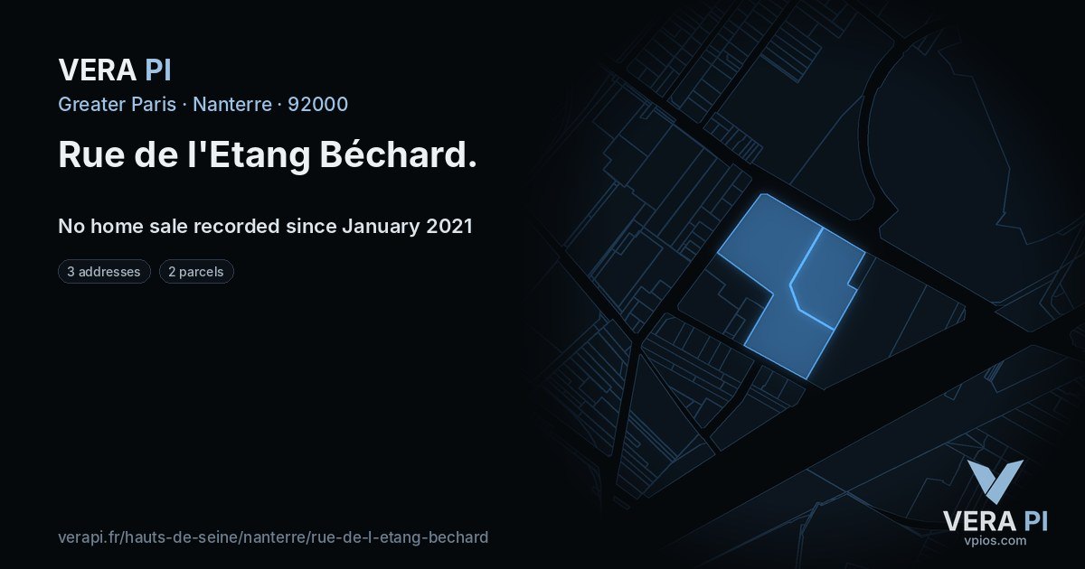 Rue de l'Etang Béchard, Nanterre at night – every parcel coloured by the prices around it, the street's own parcels lit