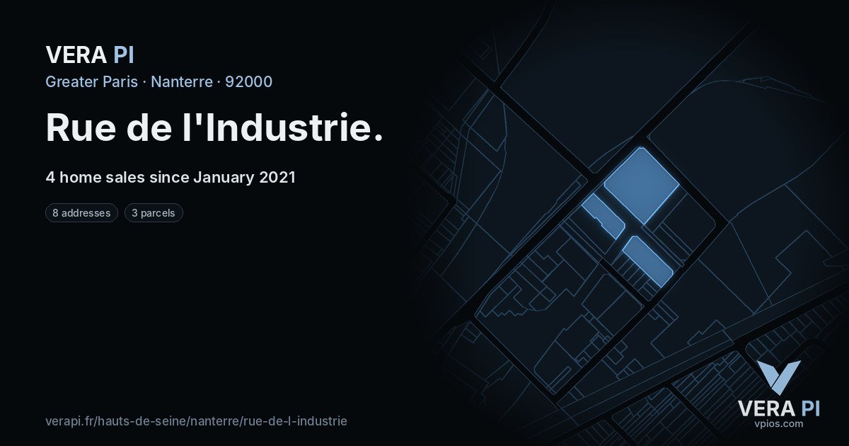 Rue de l'Industrie, Nanterre at night – every parcel coloured by the prices around it, the street's own parcels lit